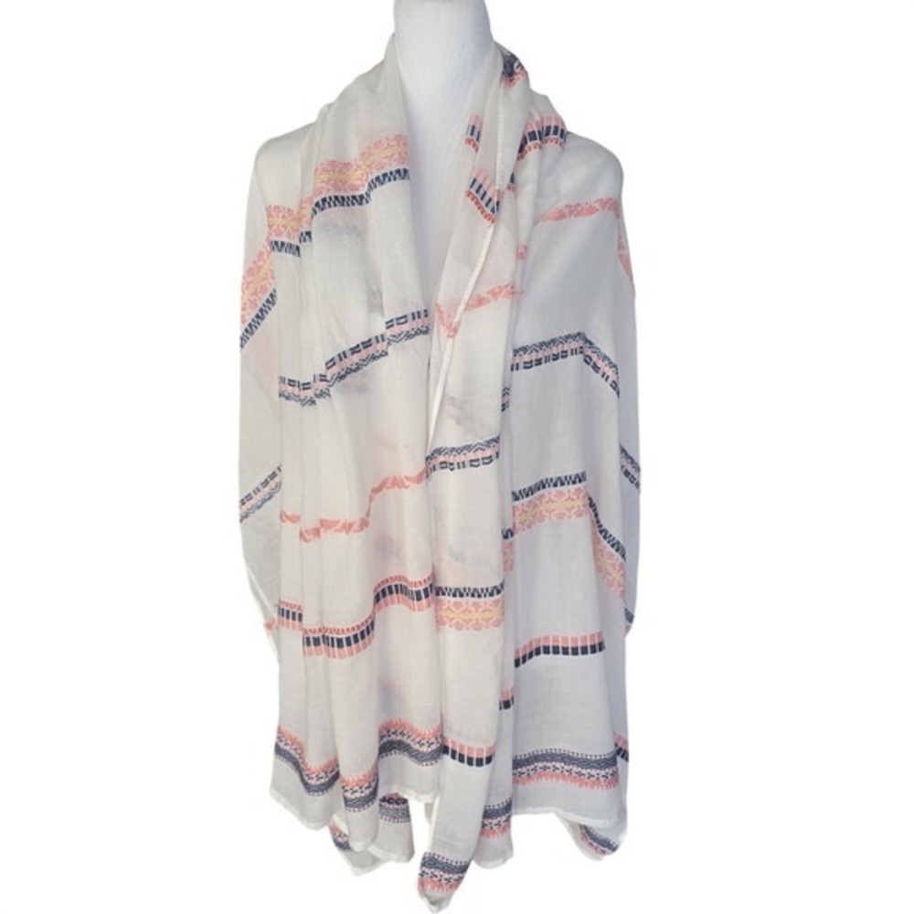West Loop White Embroidered Striped Oversized Scarf Shawl Wrap Boho Navy Pink
